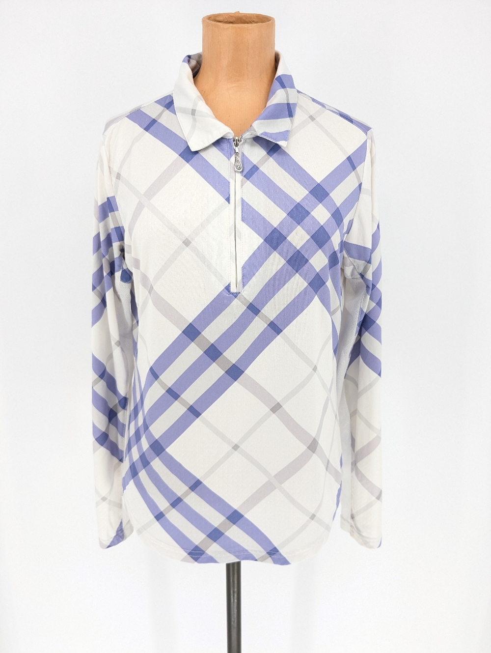 Sans Soleil Women's M White Purple Plaid 1/4 Zip Pullover Shirt UPF 50 Golf